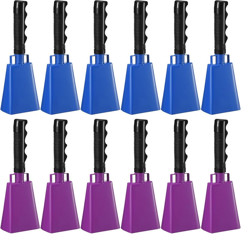 Pelopy 12 Pcs Large Cow Bell 9 '' Cowbell with Handle Cowbells for Sporting Events Hand Percussion Cheering Bell Chimes for Football Game, Alarm Loud Noise Makers, Musical Instrument(Purple, Blue) - Image 1